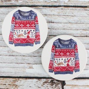 Ugly Christmas Sweater Stoneware Car Coaster Set-2 Piece Unisex NIP